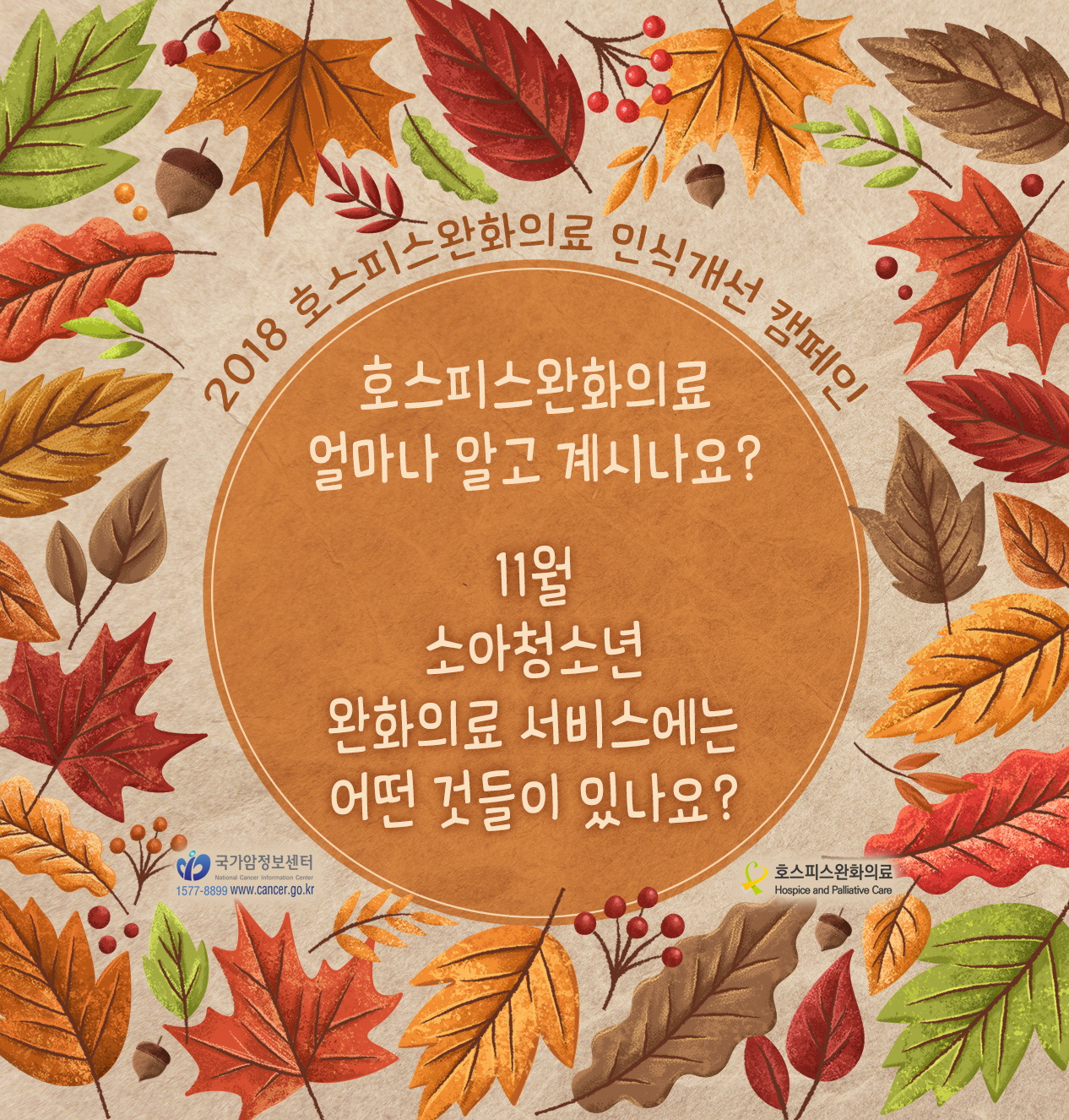 다양한 나뭇잎 배경의 가운데 2018 호스피스완화의료 인식개선 캠페인, 호스피스완화의료 얼마나 알고 계시나요? 11월 소아청소년 완화의료 서비스에는 어떤 것들이 있나요? 문구와 국가암정보센터, 호스피스완화의료 CI가 노출되고 있는 이미지